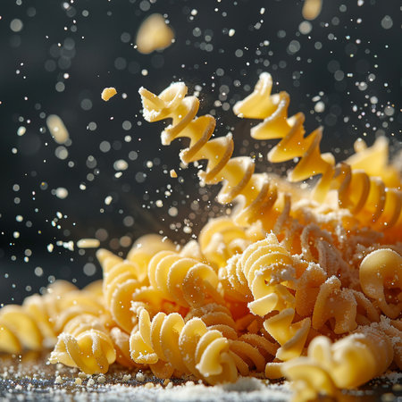 Falling pasta with splashes of water on a dark background.の素材