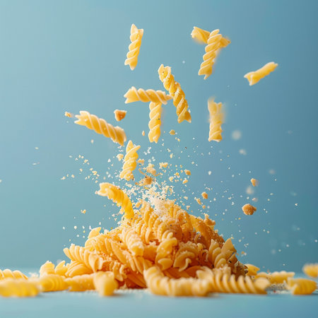 Falling pasta on a blue background. Flying macaroni.の素材