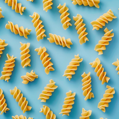 Pasta pattern on blue background. Pasta background. Top view.の素材
