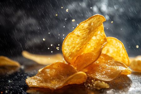 Crispy potato chips with drops of water on a black backgroundの素材