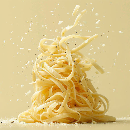 Spaghetti pasta with parmesan and grated cheese on yellow backgroundの素材