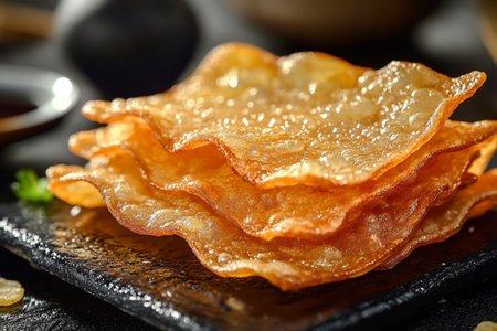 Traditional Japanese deep fried sweet potato chips with soy sauce, closeupの素材