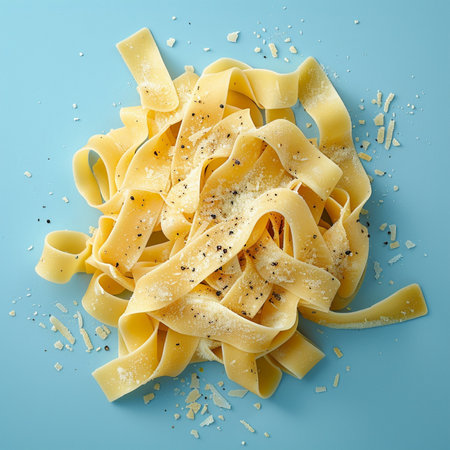 close up of italian pasta fettuccine on blue backgroundの素材