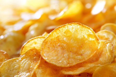 Potato chips background. Close up of potato chips. Potato chips backgroundの素材
