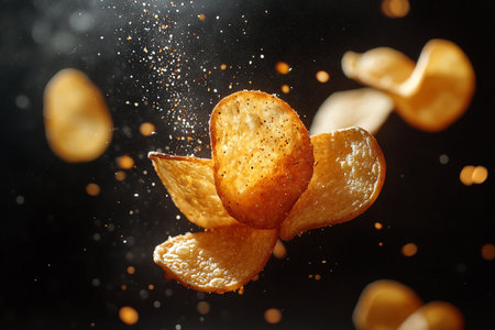 Potato chips flying in the air on a black background, close-upの素材
