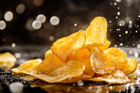 Potato chips on a black reflective surface. Selective focus.の素材