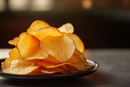 Potato chips on a plate on a dark background, close-upの素材