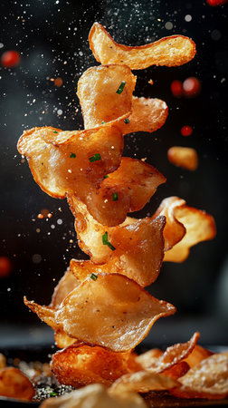Falling potato chips with splashes on a dark background. Close-upの素材