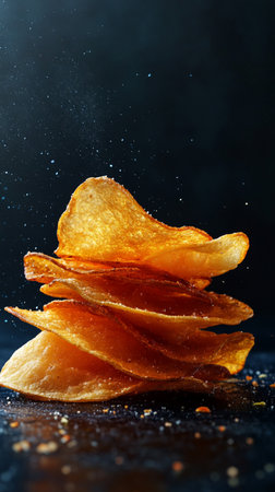 Potato chips on a black background with splashes of water.の素材