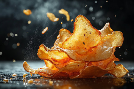 Potato chips with flying seeds on dark background. Concept of unhealthy food.の素材