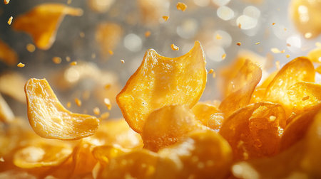 Potato chips flying in the air. Shallow depth of field.の素材