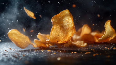potato chips flying in the air on a black background close upの素材