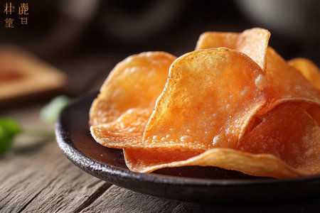 Potato chips on wooden background, closeup view, selective focusの素材