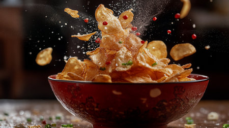 Crispy corn chips falling into a bowl with splashes.の素材
