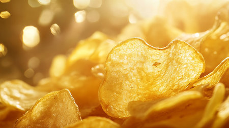 Potato chips on a golden background. Selective focus. Toned.の素材