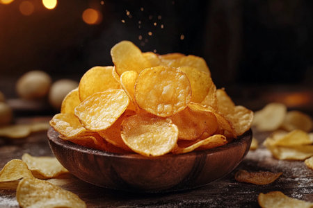 Potato chips in a wooden bowl on a dark background. Close-up.の素材
