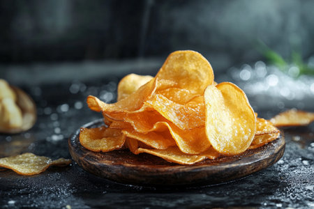 Crispy potato chips on a dark background, selective focus.の素材