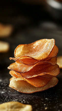 Potato chips on a black background, close-up, selective focusの素材