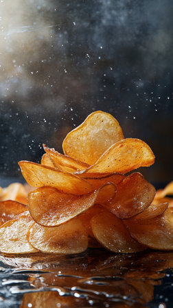 close up of a pile of potato chips on a black background with water dropsの素材