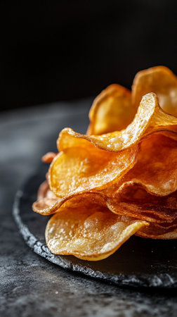 Crispy potato chips on black slate plate. Selective focus.の素材