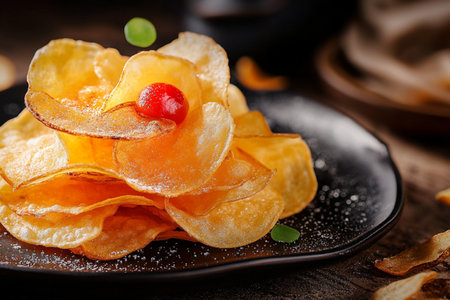 Potato chips with marmalade and cherry on a black plateの素材