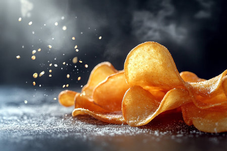 Potato chips on a black background with smoke. Close-up.の素材