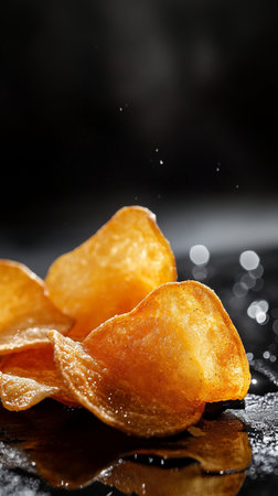 Potato chips on a black background with water drops. Selective focus.の素材