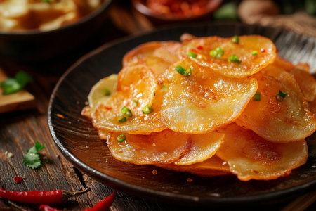 Potato fries with chili pepper and parsley on a wooden backgroundの素材