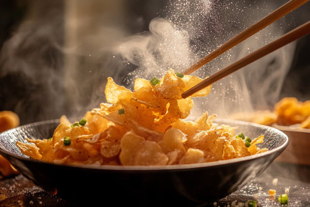 potato chips with chopsticks in a bowl on a wooden tableの素材