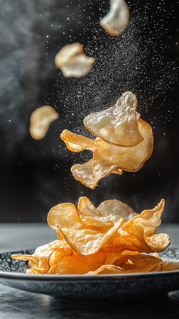 Crispy potato chips flying in the air against a dark backgroundの素材