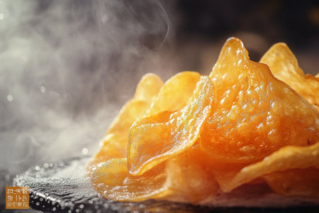 Potato chips on black slate plate with smoke, closeup viewの素材