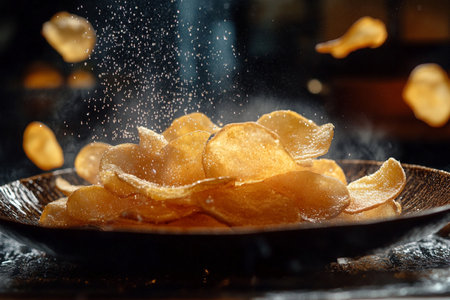 Potato chips sprinkled with salt on a black plate, close-upの素材