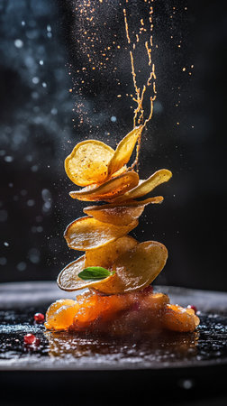 Falling potato chips with splashes of water on a black backgroundの素材