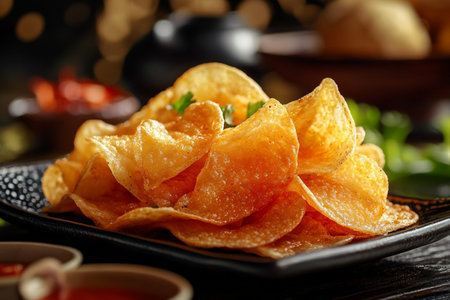 Potato chips with chili sauce on a plate, close-upの素材