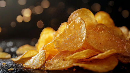 Potato chips on a black background, close-up, horizontalの素材