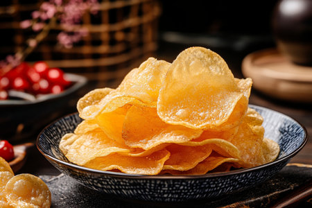 Potato chips in a plate on a dark background. Selective focus.の素材