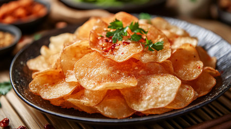 Potato chips with parsley on a plate, close-upの素材