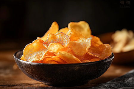 Potato chips in a bowl on a wooden background. Selective focus.の素材