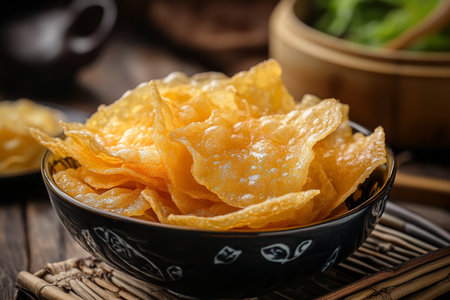 Crispy potato chips in bowl on wooden table, stock photoの素材