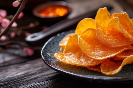 Ripe sweet potato chips on a wooden background. Selective focus.の素材