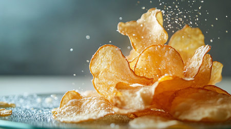 Crispy potato chips with water drops on grey background, closeupの素材