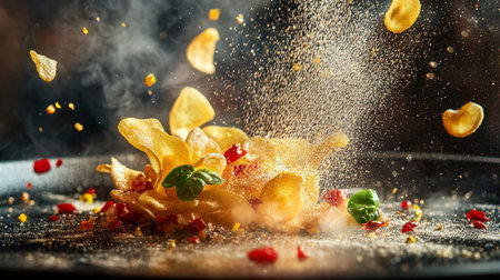 Potato chips flying into the air with smoke on a black backgroundの素材