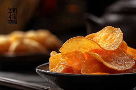 Crispy potato chips in black bowl on wooden background, closeupの素材