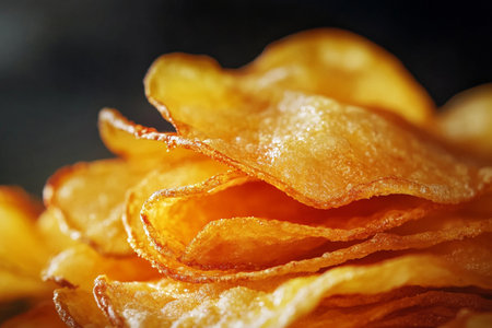 Potato chips on a black background. Selective focus. Toned.の素材