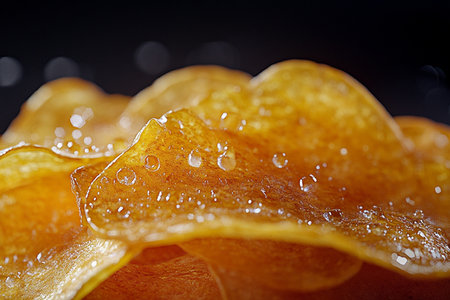 Close up of sweet potato chips with water drops on black background.の素材