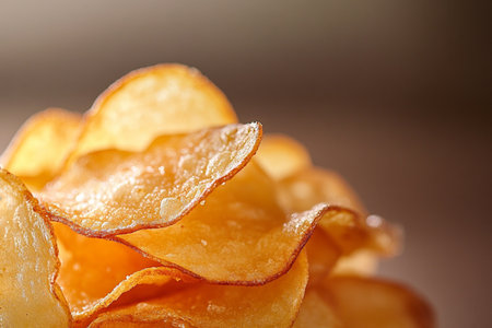 Potato chips on a wooden table. Shallow dof.の素材