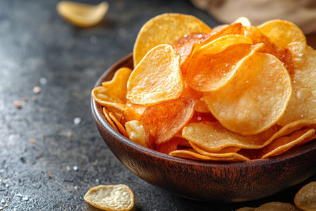 Crispy potato chips in bowl on dark background, closeupの素材