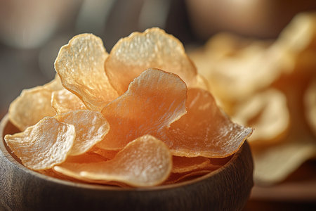 Potato chips in a wooden bowl on a wooden background. Close-up.の素材