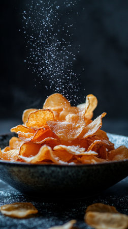 Crispy potato chips with salt on dark background. Selective focus.の素材