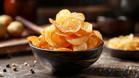 Potato chips in bowl on rustic background. Close up.の素材